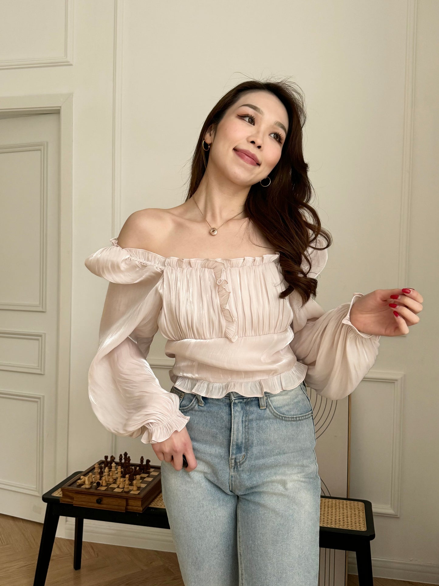 Shiny Ruffle Off-shoulder Top