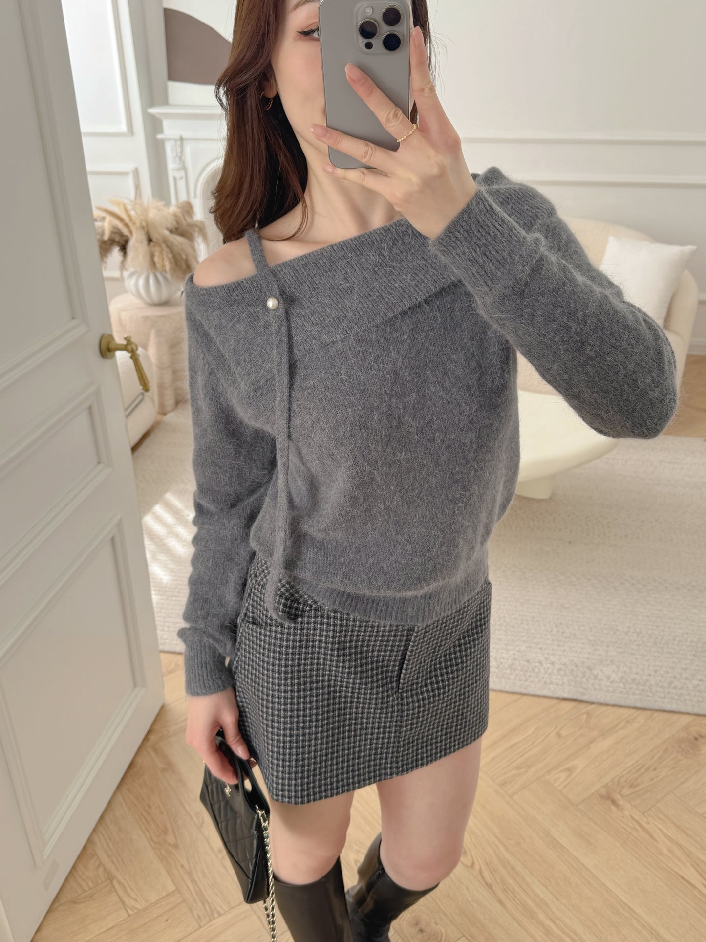 Single Strap Sweater with Pearl